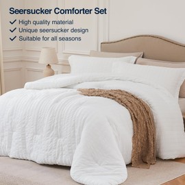 Quataly White Oversized Queen Comforter Set - 3 Pieces Seersucker Lightweight Bedding Comforter Sets (1 Soft Fluffy Comforter & 2 Pillowcases) - All Seasons Cozy Modern Bed Sets for Women Men