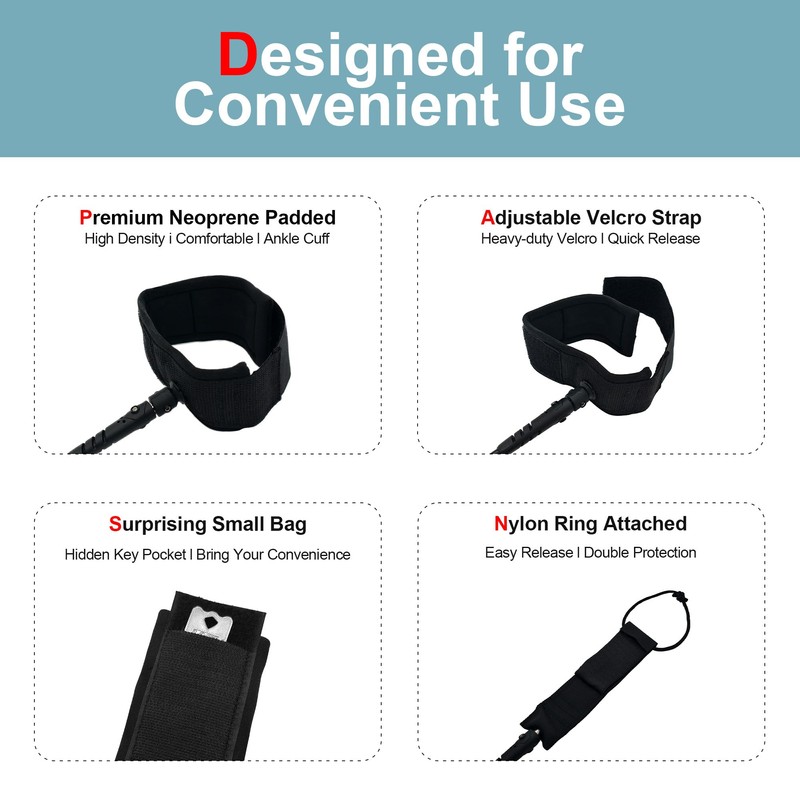 AQUBONA Leash Cord 6/7/8/9/10/11/12ft 7mm, Premium Surfboard Leash, Adjustable Thigh