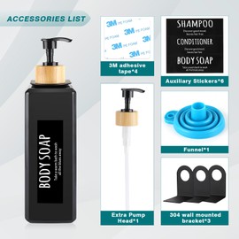 DEROANBOTT 3pcs Shampoo and Conditioner Dispenser Set, 500ml Wall Mounted Dispenser 17oz Drill Free Hand Soap Dispenser with 12pcs Labels for Bathroom, Kitchen - Black (Black)