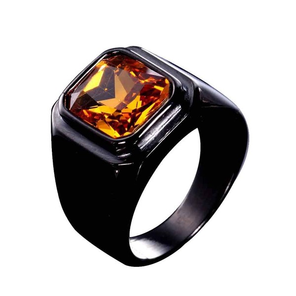 PMTIER Men's Stainless Steel Black Plated Ring with Square Orange