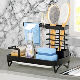 SIVOEAN Sink Organiser Stainless Steel with Drain Pan, Sponge/Dish Cloth Holder - Sink Organiser for Kitchen, Black