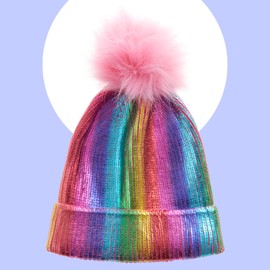 Kids Girls Winter Hat Chunky Head Cover Pom Pom Rainbow 2-6 Years