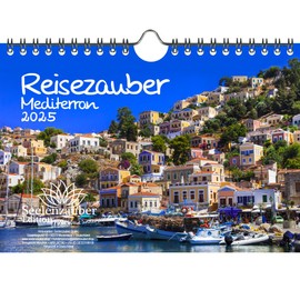 Travel Magic Mediterranean Wall Calendar DIN A5 for 2025 Mediterranean City Holiday Sea Set Contents: 1 x Calendar, 1 x Christmas Card (Total 2 Pieces)