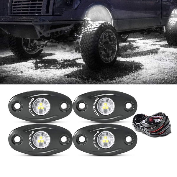 MICTUNING 4 Pods White LED Rock Lights with Wiring Harness, Waterproof Underglow Underbody Light Kit for Car Truck ATV UTV SUV Offroad Boat