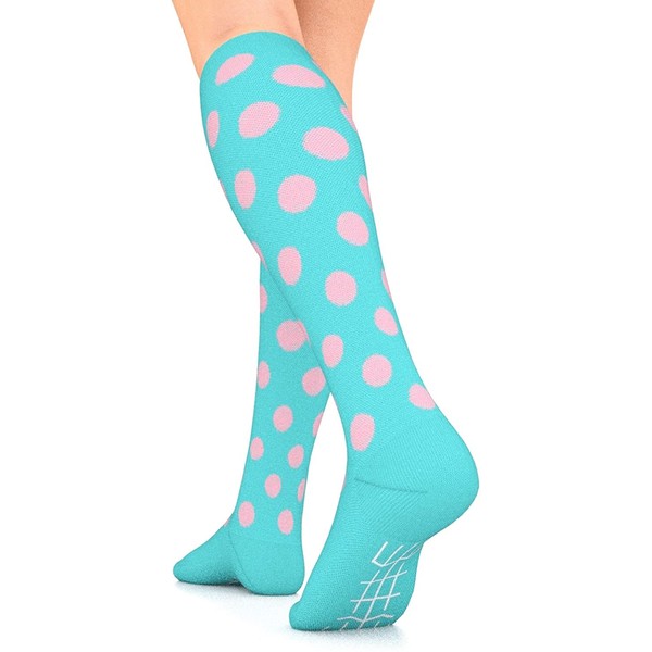 Go2 Compression Socks for Men Women Nurses Runners| Medium Compression Stockings (Turquoise w Pink PolkaDot, Medium)