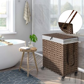 Greenstell Laundry Hamper with Wheels, No Install Needed, 110L Divided Handwoven Hampers & 2 Removable Liner Bags, Rattan Clothes Laundry Basket with Lid & Handles, Foldable Hampers Brown 22x13x26.4In
