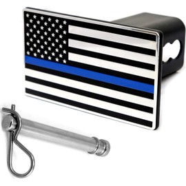 USA US American Flag Emblem Metal Trailer Hitch Cover (Fits 2.5" Receivers, Black & Chrome with Thin Blue line)