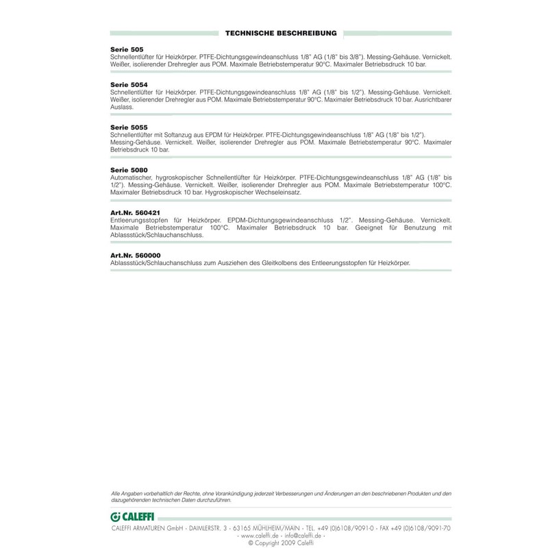 Caleffi 5080 - Automatisches, hygroskopisches Entlüftungsventil, 3/8 Zoll, Serie 5080