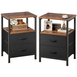 Huuger Night Stand Set of 2, Nightstand with 2 Drawers, Bed Side Table with Open Shelf, Wooden Top, End Table, Fabric Drawer, for Bedroom, Rustic Brown and Black