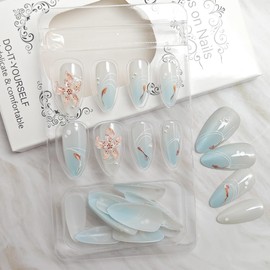 24Pcs Flower Press on Nails Medium Almond Fake Nails 3D Lily Koi Fish Pearl Design Full Cover Glitter Glue on Nails Spring Summer Nails Blue French Tip False Nails for Women Girls Acrylic Nails DIY