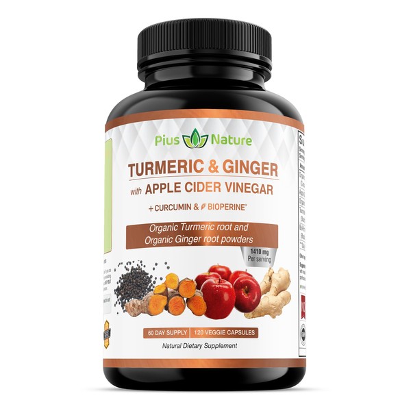 PIUS NATURE Turmeric Curcumin and Ginger with Apple Cider Vinegar, USDA Organic Ingredients, Standardized 95% Curcuminoids, with Bioperine - 120 Veggie Capsules