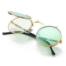 COASION Green Round Flip Up Sunglasses for Men Women Juniors Circle Steampunk Costume Glasses (Gold Frame/Green Lens)