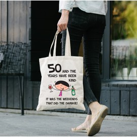 Tribal T-Shirts The Years Have Been Kind Women's 50th Birthday Presents Shoulder Tote Bag, Re-usable Bags for Life with Long Handles, Unique 50th Birthday Gifts for Women Friend, Mum, Sister or Wife.