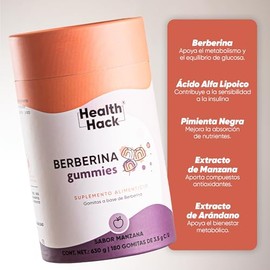 Berberina 500mg Gomitas Adulto con Ácido Alfa Lipoico 180 Pzas Health Hack | Berberina 500mg, Ác. Alfalipoico 120mg, Pimienta Negra 10mg, 3 activos ve