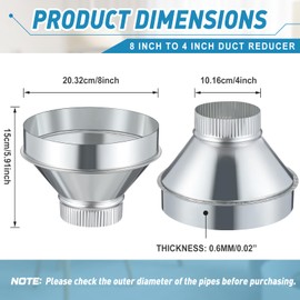 Otoolling 8 Inch to 4 Inch Duct Reducer Increaser Galvanized Steel Air Duct Adapter Round Crimped Pipe Connector Fitting Coupling for HVAC Ventilation Systems