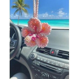 Hibiscus Flower Car Hanging Ornament,Crochet Hawaiian Tropical Flowers Bag Charms Decor Car Rear View Mirror Beach Accessories (Pink)