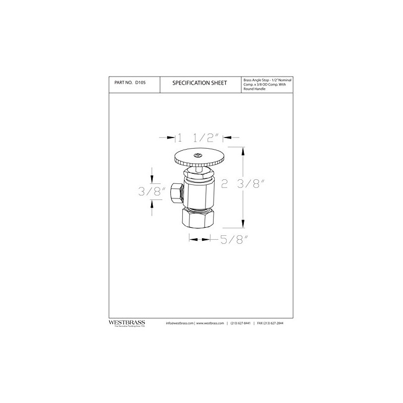 Westbrass Round Handle Angle Stop Shut Off Valve, 1/2" Copper
