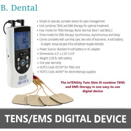 Roscoe Medical TENS EMS DIGITAL DEVICE InTENSity Twin Stim III, 1 Year Wrnty, 4 Modes, Complete