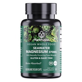 PlantFusion Complejo de magnesio vegano de 375 mg de agua de mar, magnesio marino biodisponible con mezcla de alimentos integrales orgánicos fermentad