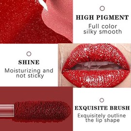 Diamond Glitter Lip Gloss, Diamond Glitter Liquid Lipstick, Pink Shimmer Metallic Lipsticks, Sparkly Liquid Lipstick Waterproof Long Lasting Non-Stick Cup Sparkly Pink Lipgloss for Women Girls