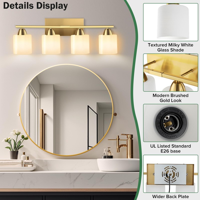 palaro 4 Light Bathroom Light Fixtures,Brushed Gold Vanity Lights for