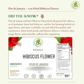 B-Experts Store Flor de Jamaica – 4 oz Dried Hibiscus Flowers–Loose Leaf Herbal Tea Bexpertsusa