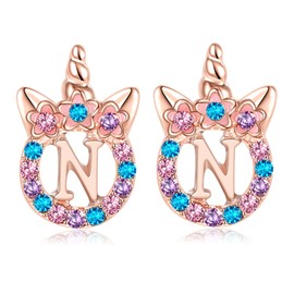 TRWWELL Cute Rose Gold Initial N Unicorn Hypoallergenic Stud Earrings CZ Rhinstone Initial Letter Stud Earrings Unicorns Jewelry Gifts for Girls 3 years old +
