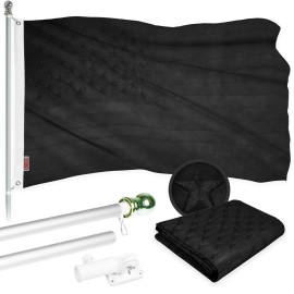 G128 NEW G128 All Black American Flag & Flagpole, 6FT Silver Pole and 3x5FT Emb Flag