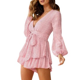 Relipop Women's Romper Floral Print V Neck Baggy Sleeve Waist Tie Layered Ruffle Hem Short Casual Summer Rompers Jumpsuits