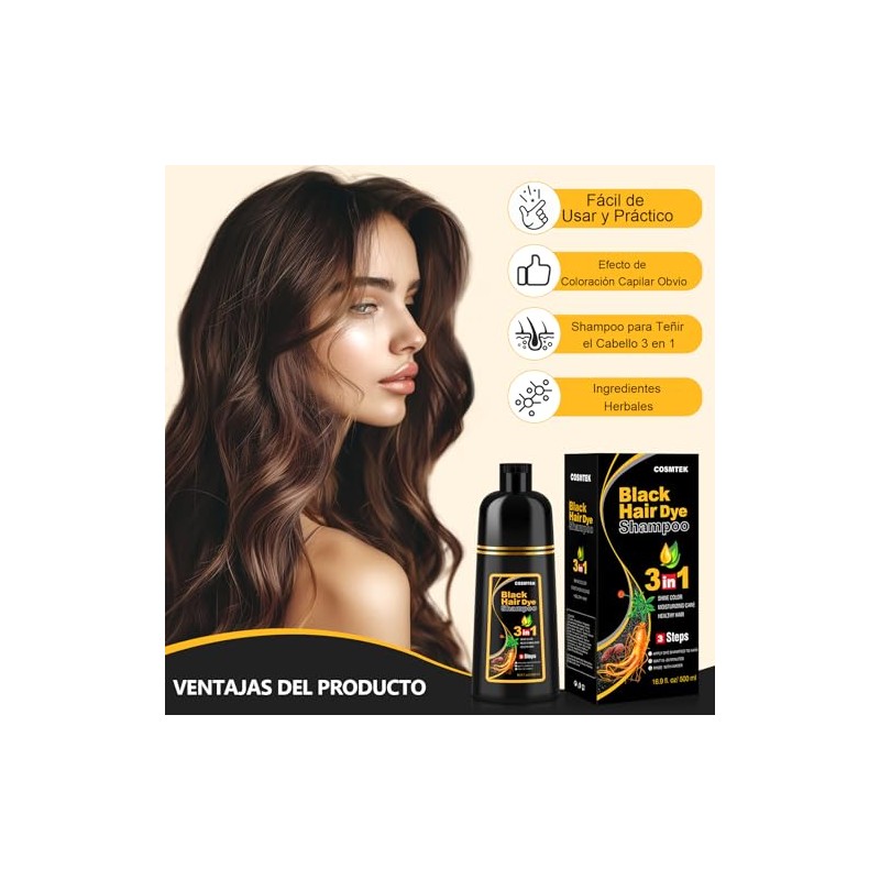 Shampoo para Canas 3 en 1, Champú Colorante para Teñir