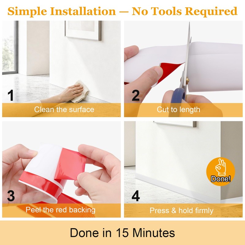 Self-Adhesive Flexible Baseboard Molding Trim – 20 Ft Vinyl Wall