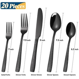 20 Piece Black Modern Flatware Set Hammered Silverware Set Stainless Steel Fine Vintage Dining Cutlery Utensil Set Forged with Hammered Handle Service for 4 Reusable Mirror Finish Dishwasher Safe