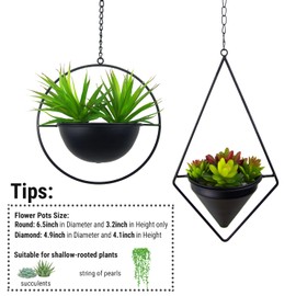 Metal Hanging Planters, Modern Plant Hanger with Pots, Set of 2 Black Plant Holders in Diamond and Round Shape, Small Wall and Ceiling Planter for Indoor Plants, Home Décor- Black