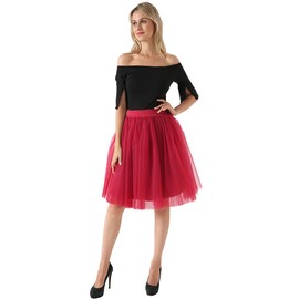 FEOYA Women's Red Tutu Skirt Elastic Waist Layered Tulle Skirt Ballet Princess Mesh Short Skirt