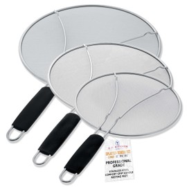 U.S. Kitchen Supply 3-Piece Stainless Steel Splatter Guard Set (13", 11.5", 9.5") Fine Mesh Cover, Grease & Oil, Splatter Screen for Frying Pan, Cooking Pots, with Resting Feet & Comfort Grip Handles