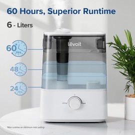 LEVOIT Classic300 Ultrasonic Top Fill Humidifier, Extra Large 6L Tank Last 60-Hour - Super Quiet, Easy to Use and Clean, 360° Rotation Nozzle, Simple Knob Control, Handle, Auto Shut Off, Gray