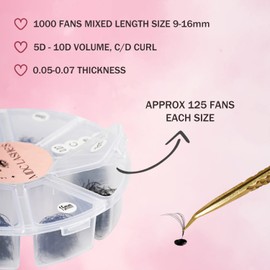MDC LASHES MDC LASHES Promade Eyelash Fans Mix Length 1000 Fans Volume Lash Extensions 8D-16D, C D Curl, 9-16mm Length, 0.05-0.07 Short Stem Promade Premade Pre Pro Loose Fans Eyelash Extension, Easy Application