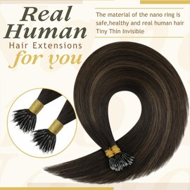 Sunny Hair Nano Beads Hair Extensions For Women Real Nano Hair Extensions Human Hair Remy Loop Ring Tip Extensions Human Hair Cold Fusion 50G/50S Dark Brown Balayage Light Chestnut Brown 20 inch