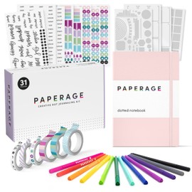 PAPERAGE Bullet Style Journal Kit, Dotted Journaling Kit, Hardcover Dotted Journal Notebook (Blush), 12 Fineliner Pens, 8 Sticker & 4 Stencil Sheets, 6 Washi Tapes