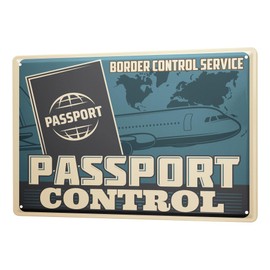 Tin Sign Retro Vintage Metal Poster for the Living Room Airplane Passport Control Motif 20 x 30 cm