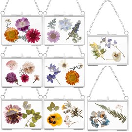 Kenning 8 Pcs Glass Frame for Pressed Flowers 3.5 x 2.5 Inch, Double Floating Picture Frames Brass Hanging Photo with Chain Wall Decor for Dried Flower DIY Art Display(Silver)