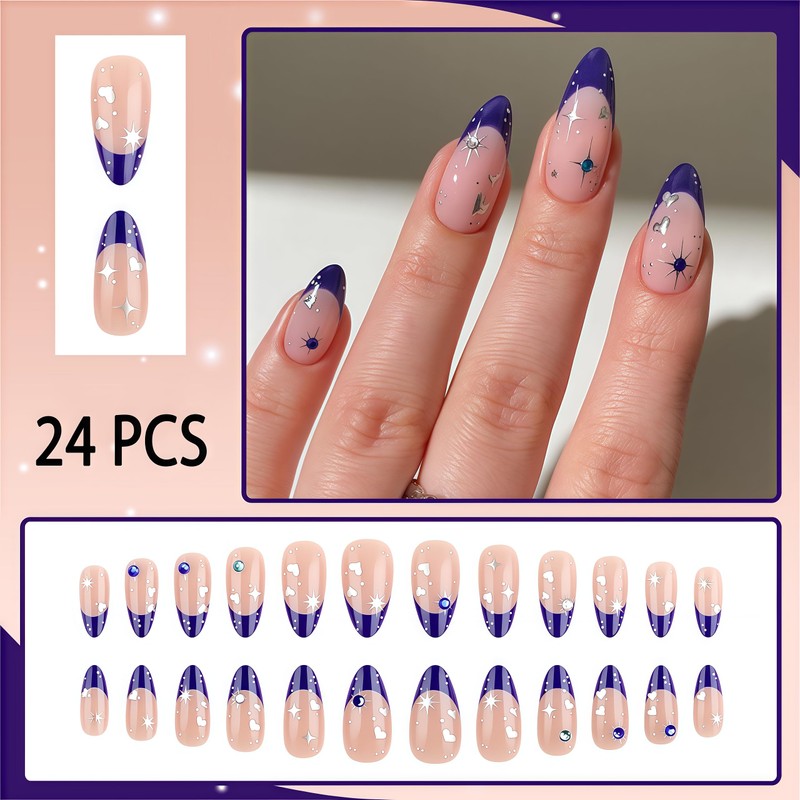 30Pcs Purple French Press on Nails Square Medium Almond Purple