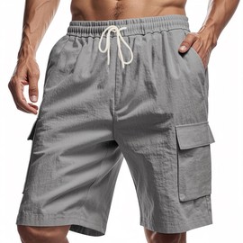 TAFLE Mens Linen Cargo Shorts Casual Summer Beach Shorts Elastic Waist Drawstring Cargo Pants with Multiple Pockets Grey
