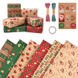 Christmas Wrapping Paper 6 Sheets Kraft Paper Gift Wrap Christmas Paper Set with Tags and Paper Ropes for Gifts Party Decoration