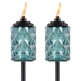 TIKI 2-Pack Topaz Blue Glass Torches – 65" Outdoor Decorative Torches for Patio, Backyard & Garden – Easy Install, Weather-Resistant with Long-Lasting Wick & Snuffer