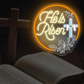 He Is Risen Neon Sign Religious Decor for Home Wall Living Room Prayer Room, Christian Easter Wall Decor for Church Entryway, Faith Gift for Believers Christian Family, Dimmable LED USB Powered 14.2"x13.4"