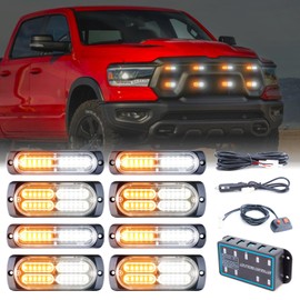 PKINGLAKE 8pcs Sync Feature Emergency Strobe Grille Lights LED Ultra Slim Surface Mount Flashing Hazard Warning Light Bar with Controller for Firefighter/Construction/Trucks/Vehicles/Car (Amber/White)