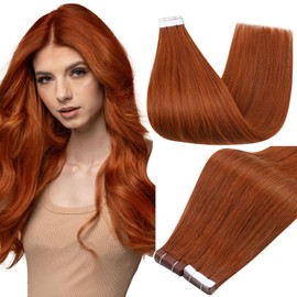Full Shine Human Hair Extensions Tape in Color 550 Copper Remy Tape in Hair Extensions 10Inch Short Seamless Invisible Adhesive Skin Weft for Natural Look 30G 20Pcs Add Volume for Party