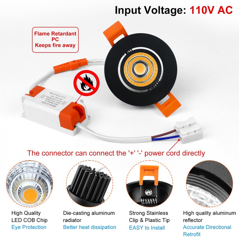 inShareplus 2 Inch LED Downlight, 3W Recessed Lighting COB Dimmable,