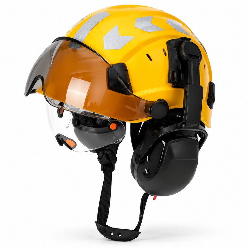 Safety Helmet with Built-In Visor & Removable Earmuffs – Style